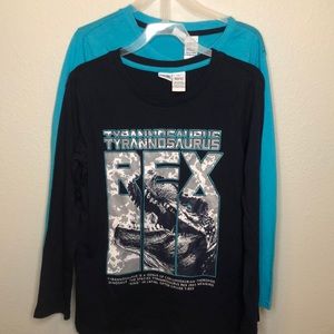 Navy blue T rex shirt and plain turquoise teal color shirt boys size 10/12